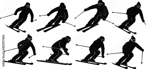 Silhouette collection of skiers performing downhill techniques, carving turns, and dynamic winter sports movements for snow skiing, outdoor activity, and sport illustration design