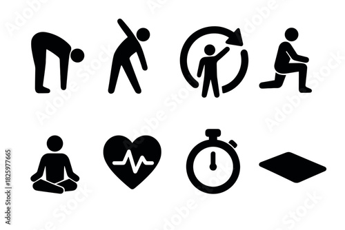 Simple black silhouette icons for fitness and wellness activities