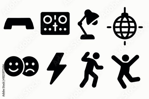 Set of black icons: music, dance, emotions, and lighting elements