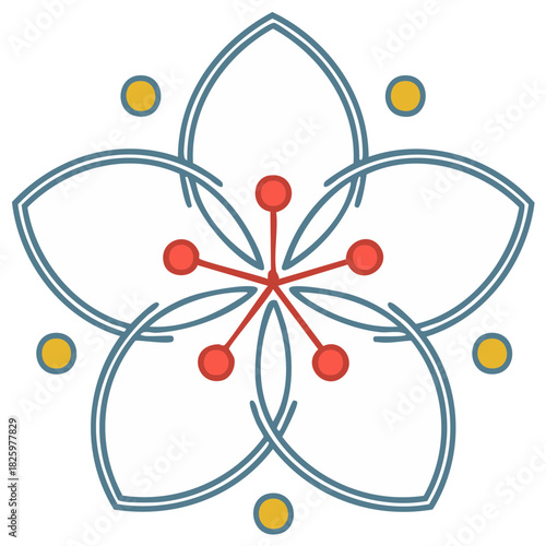 Stylized five petal flower design with red center and yellow accents