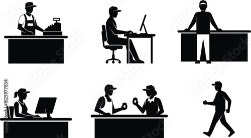 Silhouette illustration set of workers performing cashier, office, customer service, delivery, desk tasks and workplace activities for business design projects