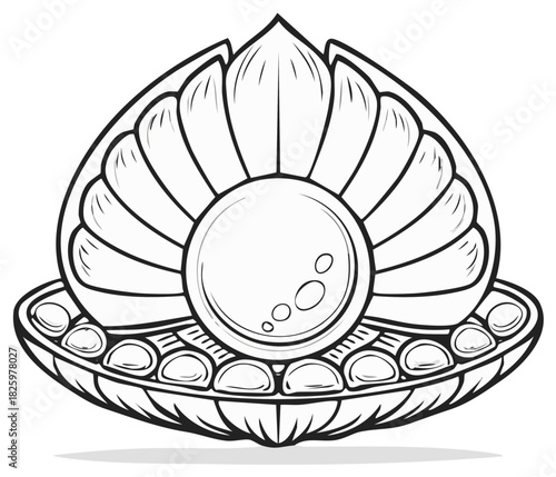 Stylized open seashell with a large lustrous pearl. Elegant black and white line art illustration of a precious ocean jewel.