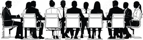 Silhouette of business team sitting around conference table during meeting, corporate discussion, teamwork, leadership, strategy planning and professional office collaboration scene