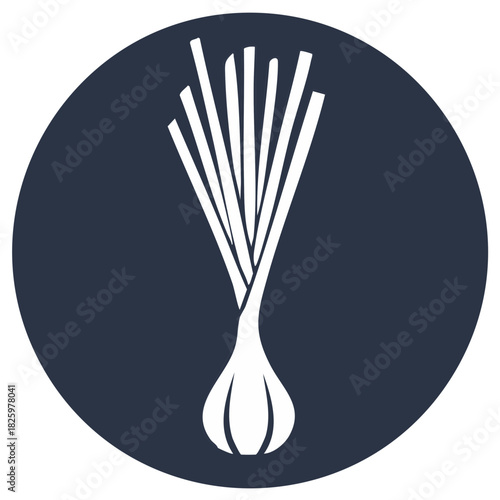 Lemongrass icon on dark blue round background, simple design showing food ingredient with a bulb and grass like reeds