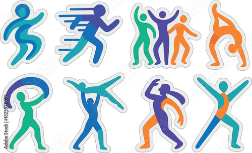 Colorful gradient stickers of dynamic dancing figures on textured background