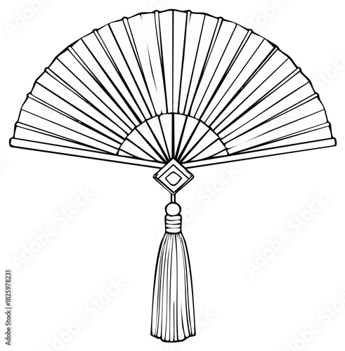 Elegant traditional Asian folding hand fan with decorative tassel outline vector illustration
