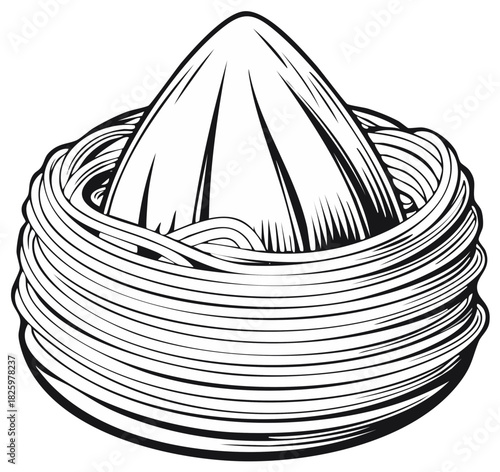 A traditional wrapped turban headdress with a conical top in a bold black and white line art style