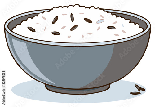 Bowl of White Rice with Black Grains Illustration