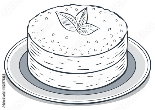 A simple layered cake with a leaf garnish sits on a plate in a clean illustration style