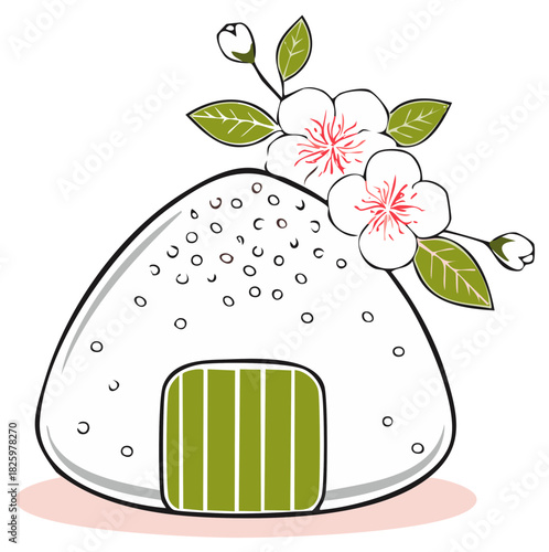 Stylized Illustration of a Japanese Onigiri Rice Ball with Cherry Blossom Flowers