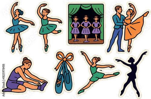 Ballet dancers stickers: diverse ballet poses and elements for decoration and design