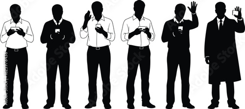 Silhouette set of men using smartphones, texting, waving, taking photos, and standing in casual and business attire for communication illustrations