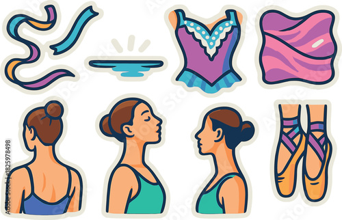 Elegant ballet set featuring dance shoes and costumes in sticker-style design
