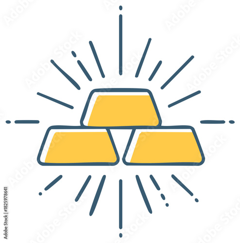 Illustration of shiny gold bars with radiant light streams representing fortune and wealth stacked in a treasure pile