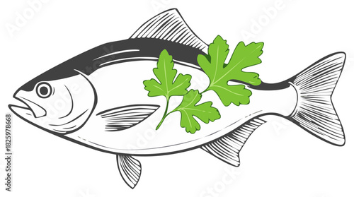 Fish Illustration with Green Parsley Herb Emphasizing Fresh Culinary Ingredients