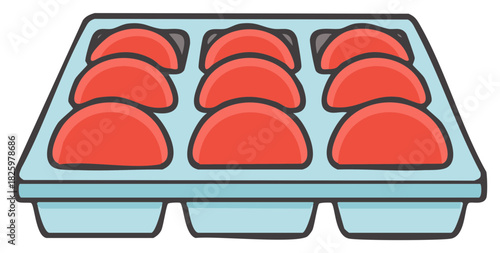 Vector icon illustration of prepackaged sliced deli meat cold cuts in a blue plastic grocery container
