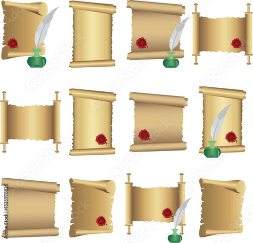 Vintage parchment scroll and wax seal collection vector