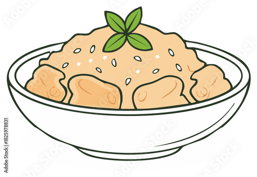 Bowl with appetizing rice porridge, meat chunks, and leaves garnish in vector illustration