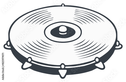 Stylized percussion instrument illustration, tambourine graphic element for music design and party decorations.
