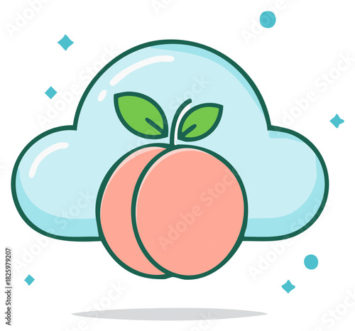Cloud with peach and leaves icon for summer and sweet food concept