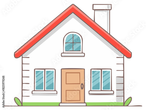 Stylized Cartoon House Facade with Red Roof White Walls and Green Lawn Area for Illustration or Icon Design