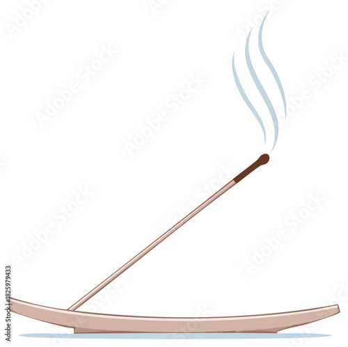 Burning incense stick and holder. Vector illustration of a decorative zen element with smoke.