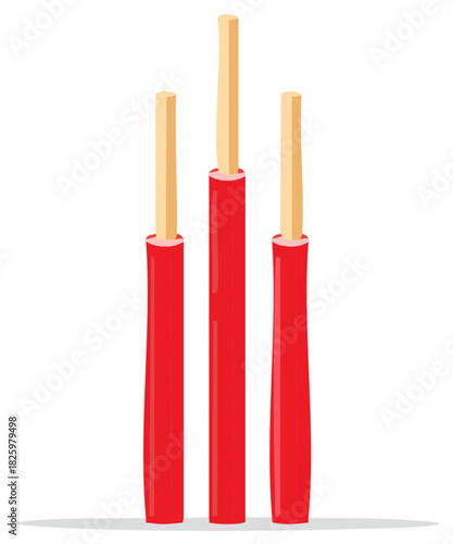 Vibrant illustration of three cricket wickets with bails in striking red and beige ready for a match