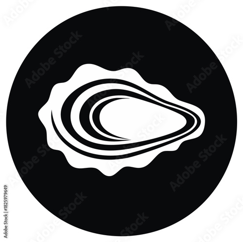 Stylized white oyster icon on a black circle background