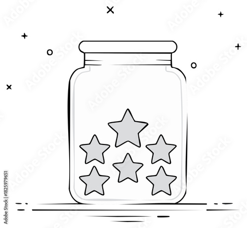 Stars inside a jar illustration Line art. Concept of dreams, wishes, and reward.