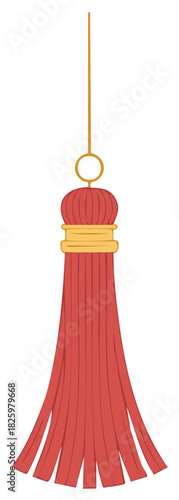 Elegant ornamental red and gold tassel with fringe and decorative top