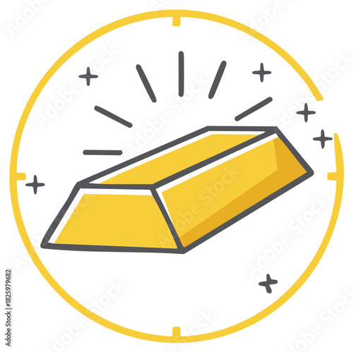 Golden bar icon with radiating light and sparkles symbolizing wealth and value