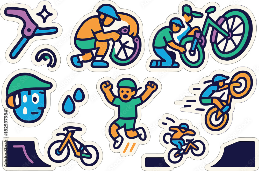 Naklejka premium Colorful bmx and cycling stickers collection featuring bicycle tricks and maintenance