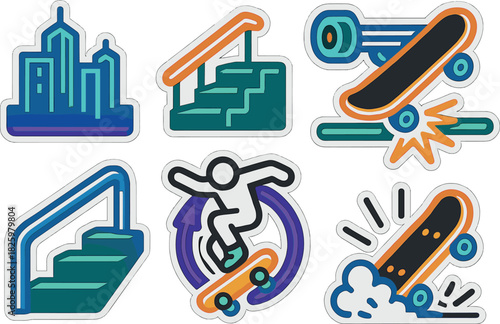Colorful skateboarding icons: urban stunts and ramps in modern style
