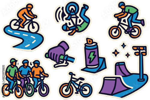 Colorful bicycle and skateboarding stickers with bold outline on gradient background