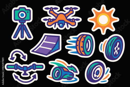 Vibrant sticker set featuring drones, cameras, wheels, and sun icons on black background