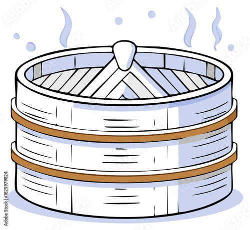 Steaming bamboo basket for Asian food cartoon vector illustration