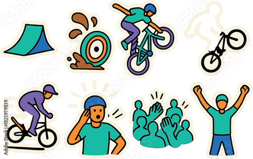 Vibrant bmx biking stickers with riders performing tricks and stunts