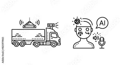 Line art icons of advanced AI systems and autonomous vehicle communication