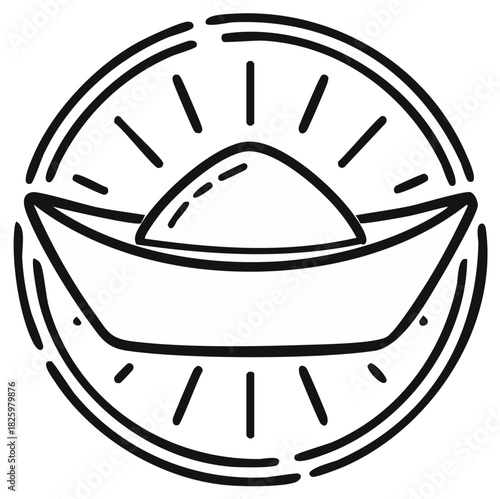 Stylized Chinese yuanbao gold ingot prosperity icon with radiating sun rays within a protective circle