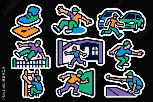 Dynamic urban parkour moves illustrated with bold outlined stickers