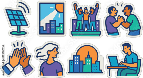 Vibrant urban icons set: people, technology, cityscape, and teamwork