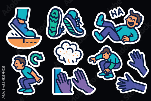 Vibrant cartoon stickers: shoes, laughter, and playful actions on dark background