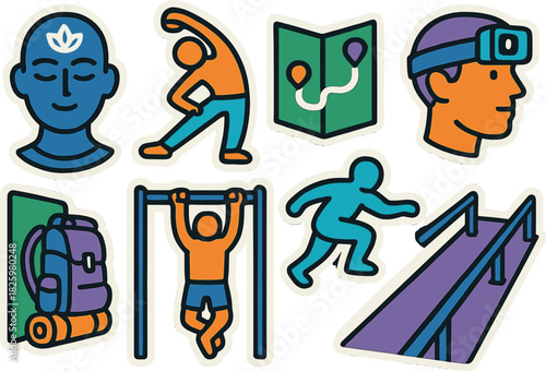 Outdoor adventure stickers: hiking, map, exercise icons with bold colors