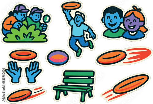 Playful frisbee graphics: fun, sporty sticker set for outdoor activities