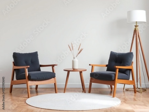 Modern living room with two dark blue armchairs and a tripod floor lamp