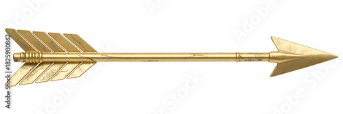 Golden arrow with fletching and pointed tip, isolated on white background