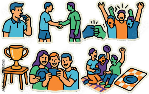 Celebration and sportsmanship: playful hand-drawn team activities and trophies