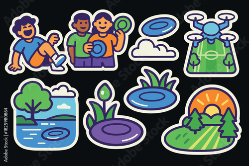 Playful frisbee activities and nature scenes in vibrant cartoon style