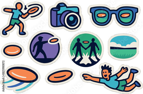 Colorful frisbee sticker set featuring playful silhouettes and outdoor elements