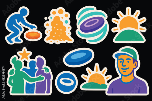 Colorful dynamic frisbee sport icons with sun and nature elements